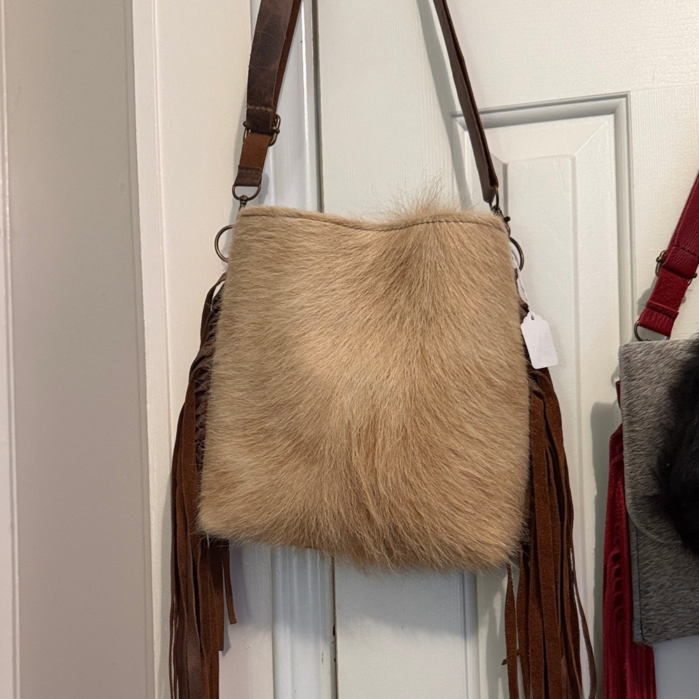 Brown Fur Crossbody Bag with Fringe